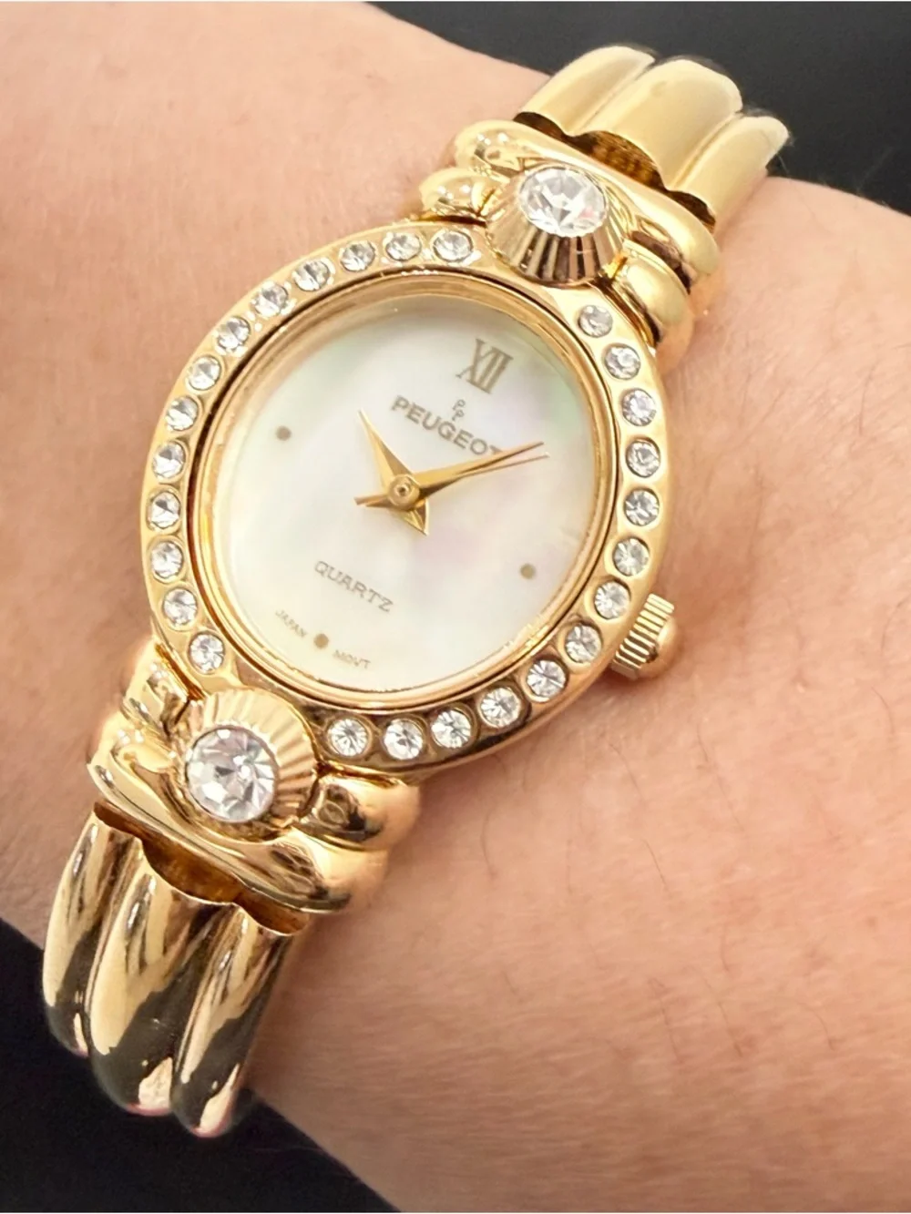 Vintage PEUGEOT Gold-tone Interchangeable Bezels & Studs Rhinestones Watch - Picture 6 of 13